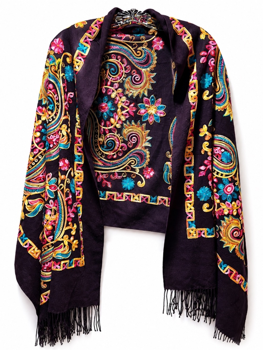 Cashmere Embroidered Scarf paisley  Shawl Wrap  Paisley Fringe   Statemen